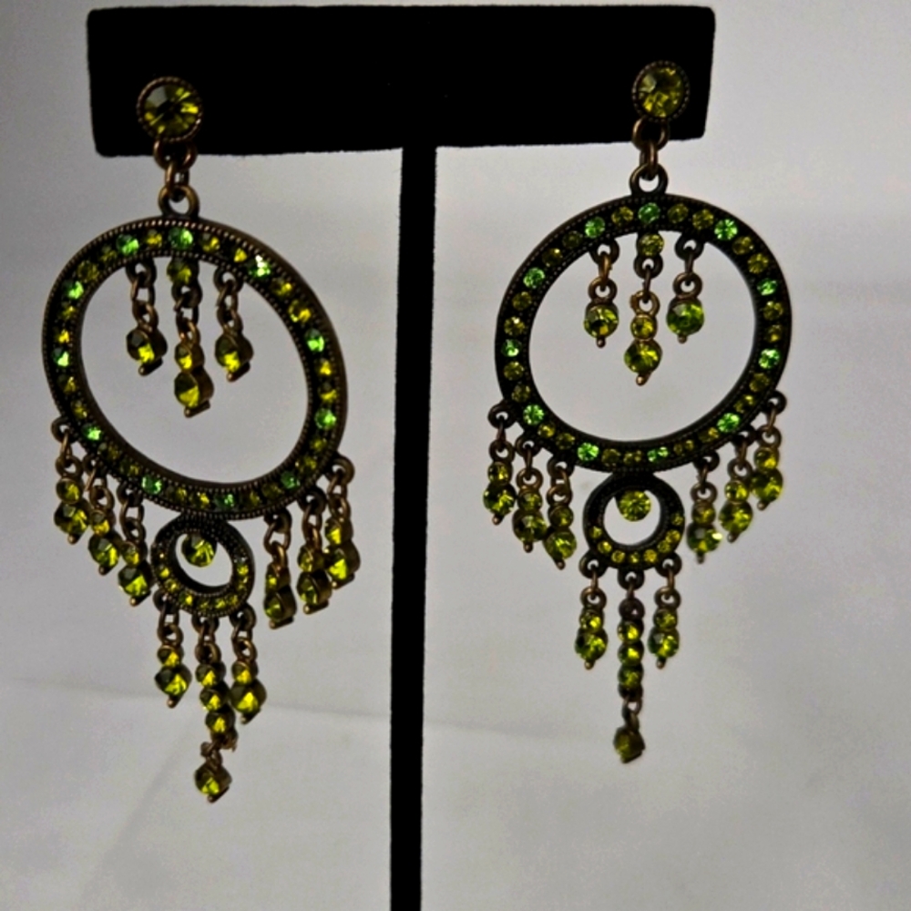 Green and Gold Chandelier Earrings with Intricate Design